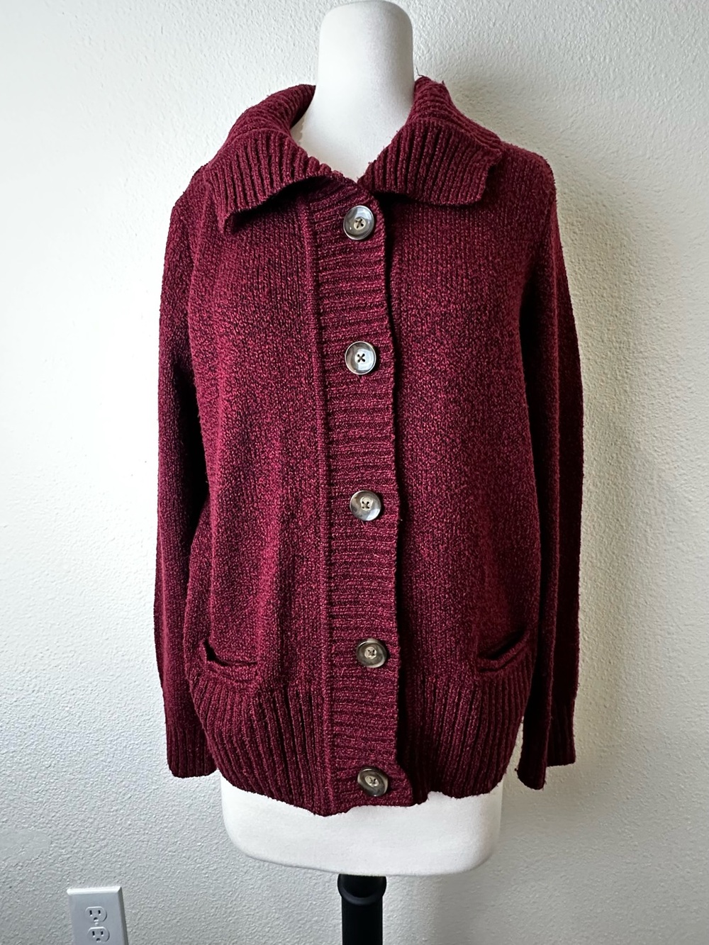 Karen Scott Burgundy Button-Front Sweater Cardigan